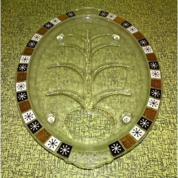 Vintage Inland Glass MCM Clear Meat Platter Atomic Gold Black Starburst tray - Picture 4 of 9